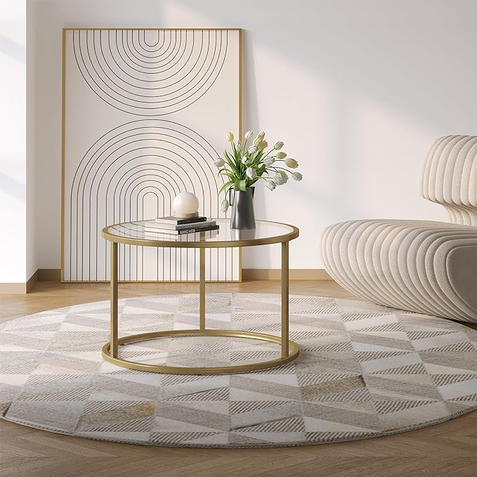 SAYGOER Small Glass Coffee Table Round Gold Coffee Table for Small Space Modern Simple Center Table with Gold Frame for Living Room Home Office, Easy Assembly - LeafyLoom