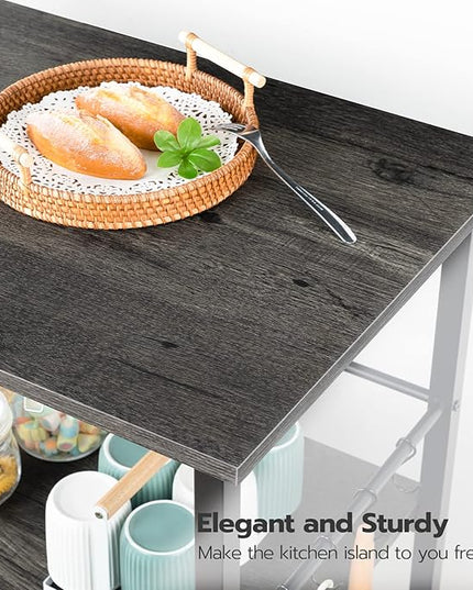 HOOBRO Kitchen Island with Storage,Industrial Kitchen Island on Wheels and Side Enclosures, 3 Tier Kitchen Cart with Large Workstation, Stable, Easy Assembly, Charcoal Gray and Black BC03ZD01 - LeafyLoom