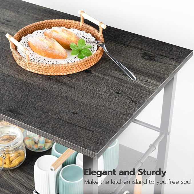 HOOBRO Kitchen Island with Storage,Industrial Kitchen Island on Wheels and Side Enclosures, 3 Tier Kitchen Cart with Large Workstation, Stable, Easy Assembly, Charcoal Gray and Black BC03ZD01 - LeafyLoom