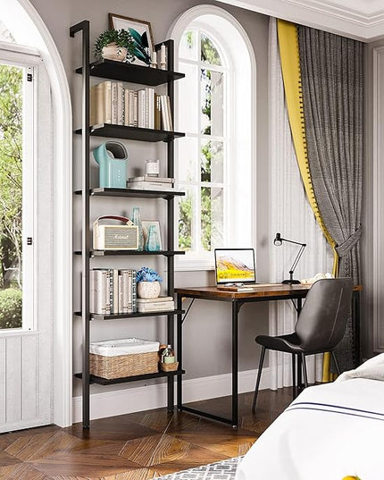 ODK 6-Tier Ladder Shelf, 87 Inches Wall Mounted Ladder Bookshelf with Metal Frame, Open Industrial Shelves for Home Office, Bedroom and Living Room, Black - LeafyLoom