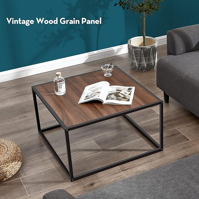 SAYGOER Farmhouse Coffee Table Rustic Wood Coffee Tables Mid Century Modern Coffe Tables for Small Spaces Simple Square Low Center Table for Living Room Home Office Boho Style, Walnut - LeafyLoom