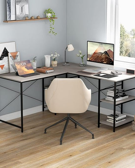 L-Shaped Home Office Desk, Corner Computer Desk w/Monitor Stand, Reversible PC Desk w/Heavy-Duty Metal Frame, Long Office Desk for 2 Person, Space-Saving Design (Grey) - LeafyLoom