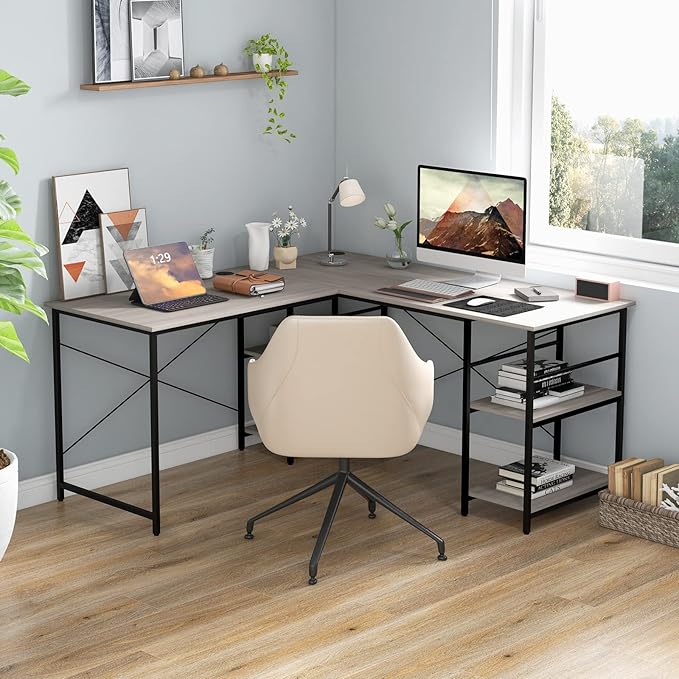 L-Shaped Home Office Desk, Corner Computer Desk w/Monitor Stand, Reversible PC Desk w/Heavy-Duty Metal Frame, Long Office Desk for 2 Person, Space-Saving Design (Grey) - LeafyLoom