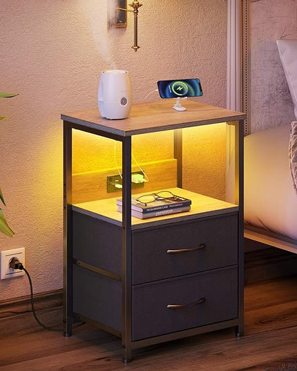 Seventable Nightstand set of 2 with Charging Station, Bedside table with LED Lights, Night stand with 2 Fabric Drawers, 3-Tier Storage End Table for Bedroom, Greige - LeafyLoom