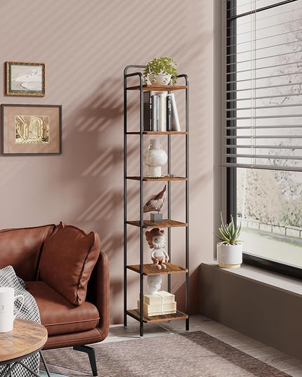 Bookcase Bookshelf, Narrow Book Shelf, Industrial Coner Shelf Storage Organizer, Slim Shelving Unit for Home Office, Living Room, Bedroom, Kitchen, 6-Tier Rustic Brown BC24601B - LeafyLoom