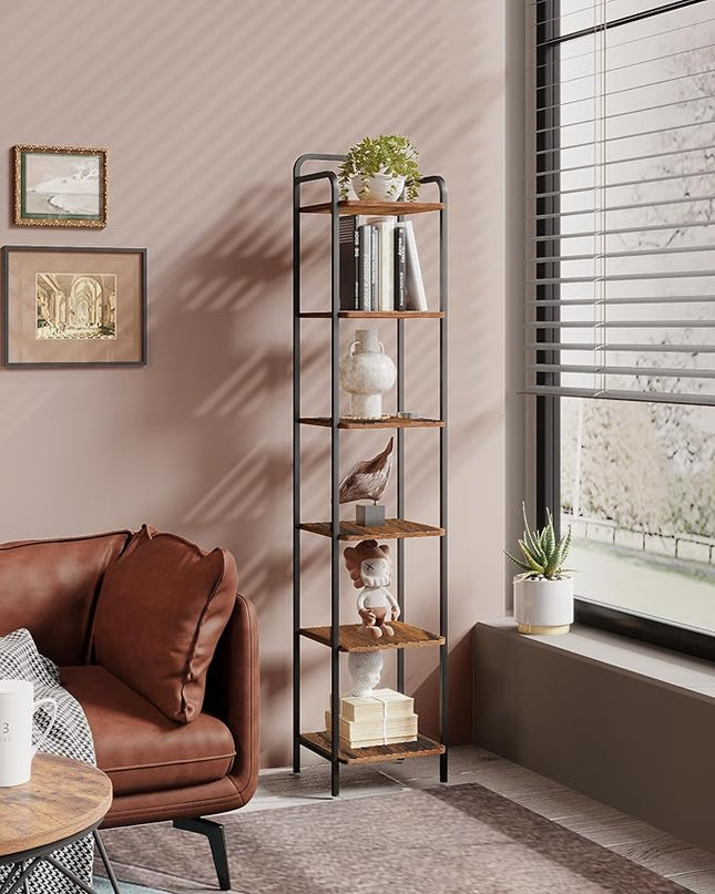 Bookcase Bookshelf, Narrow Book Shelf, Industrial Coner Shelf Storage Organizer, Slim Shelving Unit for Home Office, Living Room, Bedroom, Kitchen, 6-Tier Rustic Brown BC24601B - LeafyLoom