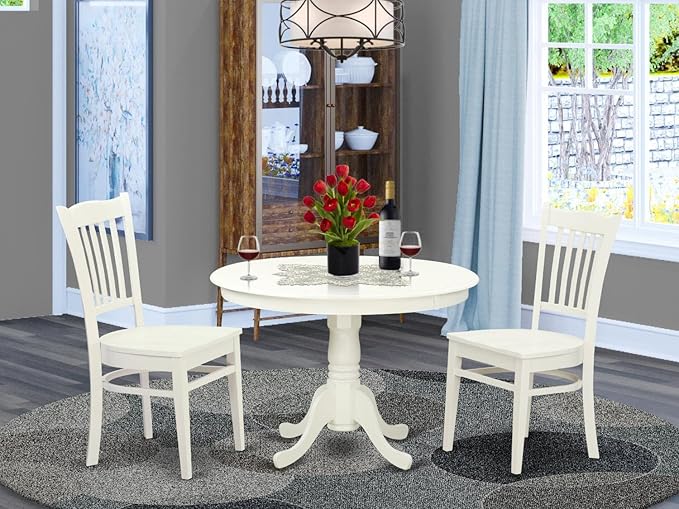 East West Furniture HLGR3-LWH-W 3 Piece Kitchen Table Set for Small Spaces Contains a Round Dining Room Table with Pedestal and 2 Dining Chairs, 42x42 Inch, Linen White - LeafyLoom