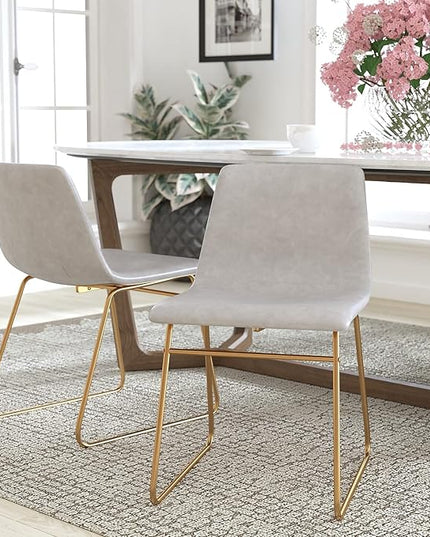 Flash Furniture Butler 18 Inch Commercial Grade LeatherSoft Dining Table Height Chair, Mid-Back Gold Sled Base with Light Gray LeatherSoft Upholstery, Set of 2 - LeafyLoom