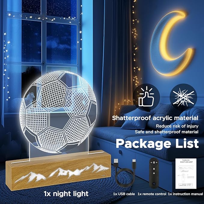 Ideas Soccer Gifts 3D Lamp - Unique Soccer Room Decor - Glow in The Dark Soccer Ball with Remote Contro, Soccer Birthday Gifts for Boys, Friend - LeafyLoom