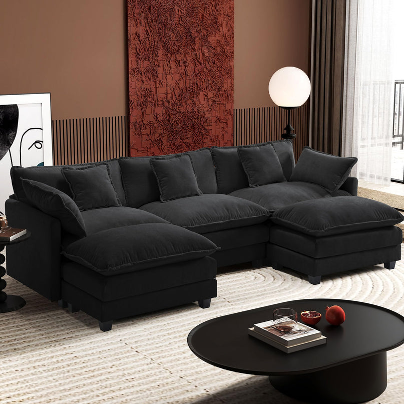 Ihanherry 111.4" L Shaped Modern Sofa Modular Sectional Cloud Couch with Ottoman, 4-Seat Chenille Deep Seat Sofa with Pillow for Living Room, Bedroom and Apartment, Beige LeafyLoom