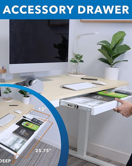 Mount-It! 47.2" Wide x 28.3" Deep Electric Height Adjustable Desk, Ergonomic Standing Workspace, Height Adjustment up to 46.5" Tall, Large Desktop, USB Ports, Drawer, Home Office, White, Maple Top - LeafyLoom