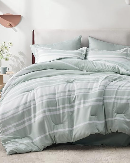 Bedsure Bed in a Bag King Size 7 Pieces, Sage Green White Striped Bedding Comforter Sets All Season Bed Set, 2 Pillow Shams, Flat Sheet, Fitted Sheet and 2 Pillowcases - LeafyLoom