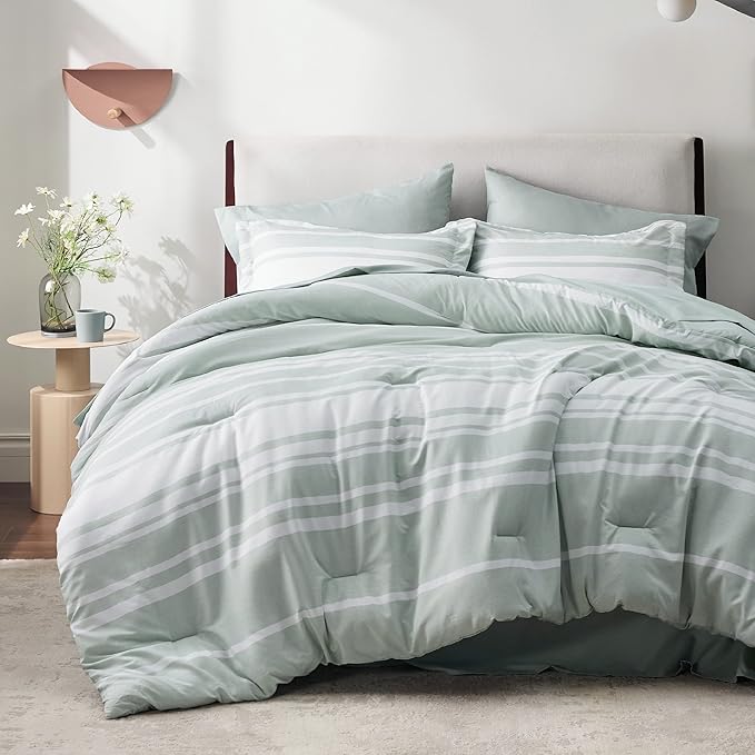 Bedsure Bed in a Bag King Size 7 Pieces, Sage Green White Striped Bedding Comforter Sets All Season Bed Set, 2 Pillow Shams, Flat Sheet, Fitted Sheet and 2 Pillowcases - LeafyLoom