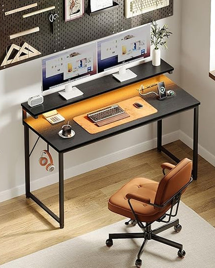 AODK Computer Desk, 48 Inch Gaming Desk with LED Lights and Power Outlet, Office Desk with Adjustable Monitor Shelf (3 Heights), Computer Table Work Desk for Home/Bedroom, Black - LeafyLoom