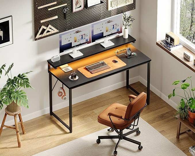 AODK Computer Desk, 48 Inch Gaming Desk with LED Lights and Power Outlet, Office Desk with Adjustable Monitor Shelf (3 Heights), Computer Table Work Desk for Home/Bedroom, Black - LeafyLoom