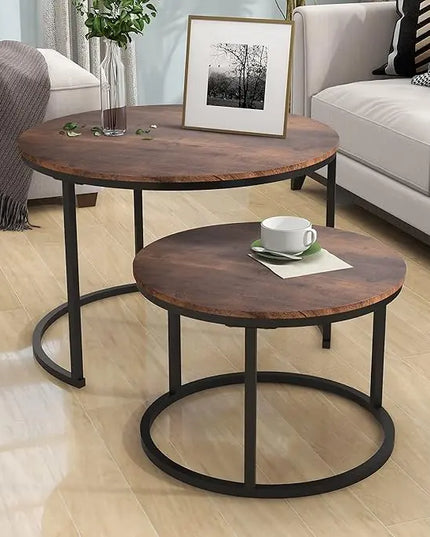 Industrial Round Coffee Table Set of 2 End Table for Living Room,Stacking Side Tables, Sturdy and Easy Assembly,Wood Look Accent Furniture with Metal Frame,Black+Rustic Brown - LeafyLoom