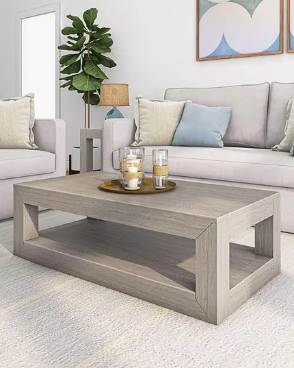 Plank+Beam Modern Rectangular Coffee Table with Shelf, Solid Wood, 48 Inch, Center Table with Storage, 2 Tier Tea Table for Living Room, Seashell Wirebrush - LeafyLoom