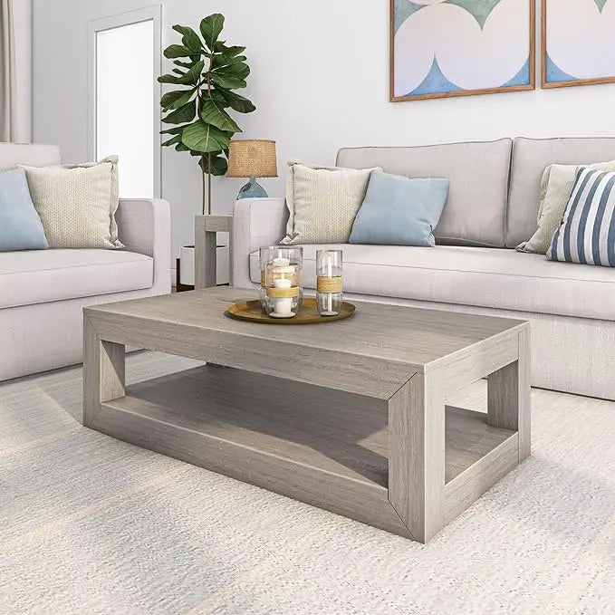 Plank+Beam Modern Rectangular Coffee Table with Shelf, Solid Wood, 48 Inch, Center Table with Storage, 2 Tier Tea Table for Living Room, Seashell Wirebrush - LeafyLoom