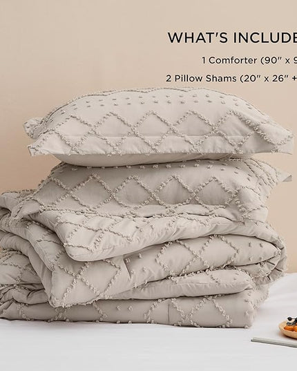 Bedsure Queen Comforter Set - Linen Comforter, Boho Tufted Shabby Chic Bedding Comforter Set, 3 Pieces Vintage Farmhouse Bed Set for All Seasons, Fluffy Soft Bedding Set with 2 Pillow Shams - LeafyLoom
