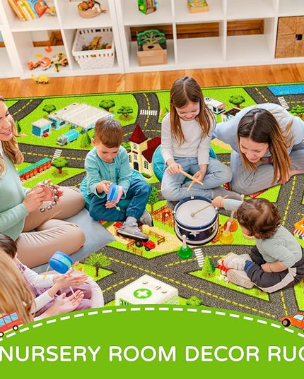 Kids Rugs Traffic Road Carpet for Car City Map Play Rug 3.3'×5' for Playroom Educational Mat Area Rug, Kid Playtime Collection Toddler Car Track Rug Cute Cartoon (City Road A, 39.4×59 in) - LeafyLoom