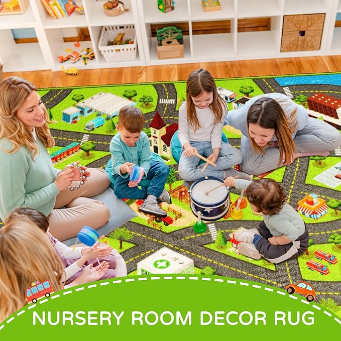 Kids Rugs Traffic Road Carpet for Car City Map Play Rug 3.3'×5' for Playroom Educational Mat Area Rug, Kid Playtime Collection Toddler Car Track Rug Cute Cartoon (City Road A, 39.4×59 in) - LeafyLoom