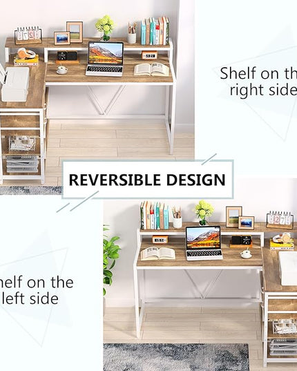 Reversible L-Shaped Computer Desk with hutch & Shelf,white - LeafyLoom