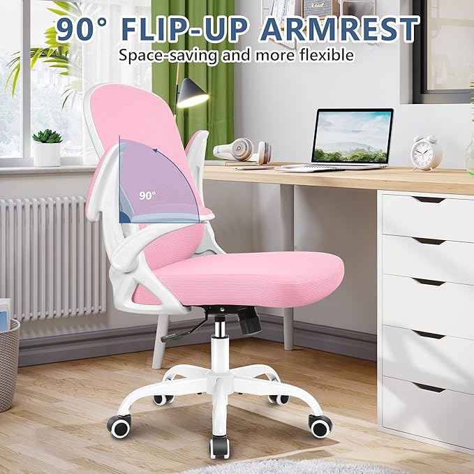 Office Chair Desk Chair, Ergonomic Mesh Computer Chair Home Office Desk Chairs, Swivel Task Chair Mid Back Breathable Rolling Chair with Adjustable Lumbar Support Flip Up Armrest (Pink) - LeafyLoom