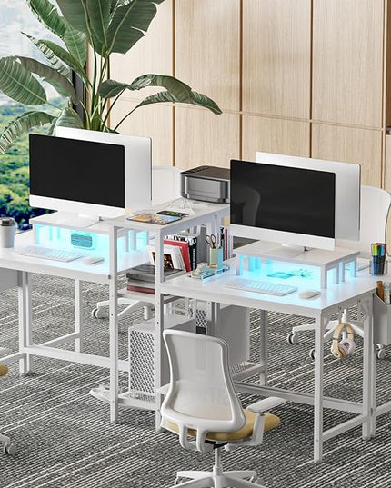 Furologee White 71" Gaming Desk with LED Lights, Long 2 Person Computer Desk with Printer Shelf and Monitor Stand, Double Office Desk with Cloth Bag and Hooks for Home Office (NO Power Outlets) - LeafyLoom
