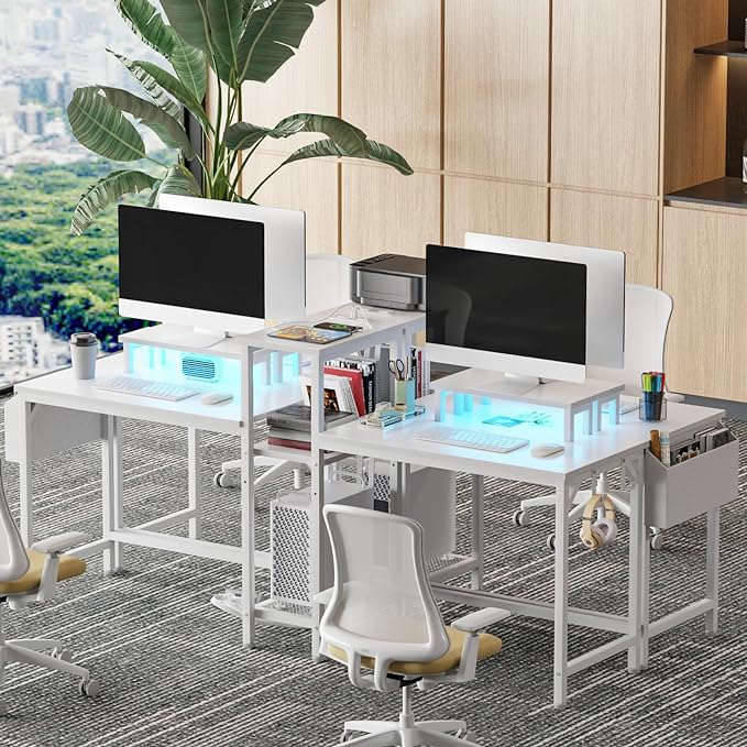 Furologee White 71" Gaming Desk with LED Lights, Long 2 Person Computer Desk with Printer Shelf and Monitor Stand, Double Office Desk with Cloth Bag and Hooks for Home Office (NO Power Outlets) - LeafyLoom