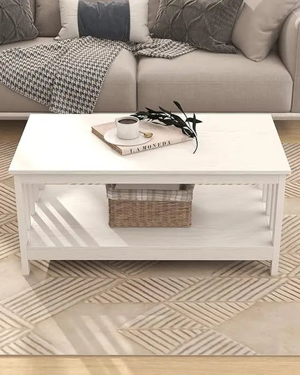 ChooChoo Farmhouse Coffee Table, Pure White Living Room Table with Shelf, 40 Inch - LeafyLoom