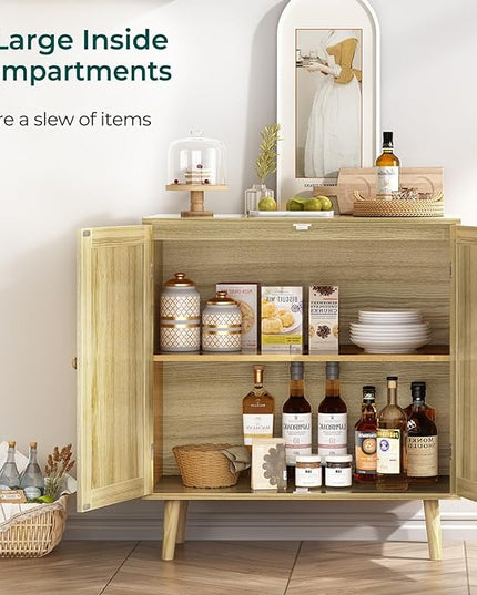 Buffet Cabinet with Storage, Storage Cabinet with PE Rattan Decor Doors, Accent Cabinet with Solid Wood Feet, Sideboard Cabinet for Hallway, Entry, Living Room, Natural - LeafyLoom