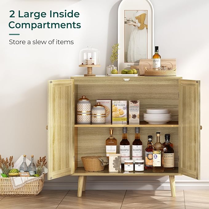 Buffet Cabinet with Storage, Storage Cabinet with PE Rattan Decor Doors, Accent Cabinet with Solid Wood Feet, Sideboard Cabinet for Hallway, Entry, Living Room, Natural - LeafyLoom