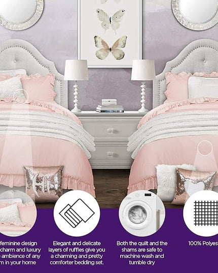 Lush Decor Reyna Ruffle Comforter Set - 3 Piece Cozy Ruffled Bedding Set - Timeless Elegance and Comfort for Dorm Room - Full/ Queen, Blush - LeafyLoom