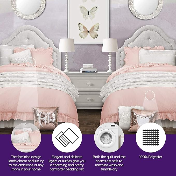 Lush Decor Reyna Ruffle Comforter Set - 3 Piece Cozy Ruffled Bedding Set - Timeless Elegance and Comfort for Dorm Room - Full/ Queen, Blush - LeafyLoom