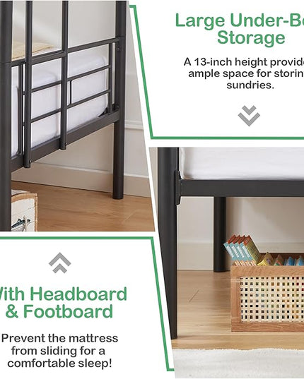 VECELO Metal Bunk Bed Twin Over Twin, Industrial Bunkbeds with Ladder and Full-Length Guardrail, Noise Free, No Boxing Spring Needed, Black - LeafyLoom