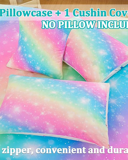 6 Pcs Bed in A Bag Glitter Galaxy Comforter Set Twin Size, Ombre Pink Rainbow Bedding Sets with Sheets for Girls - LeafyLoom