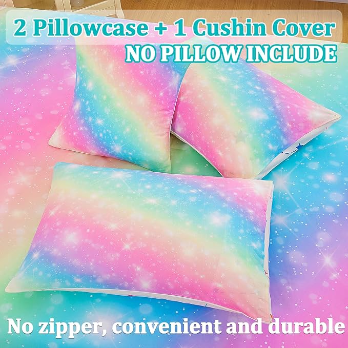 6 Pcs Bed in A Bag Glitter Galaxy Comforter Set Twin Size, Ombre Pink Rainbow Bedding Sets with Sheets for Girls - LeafyLoom