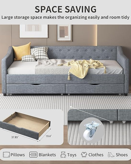 Twin Daybed Frame with 2 Storage Drawers,Upholstered Sofa Bed W/Button & Nailhead Tufted Design,Wood Slats Support,Linen Fabric Bedframe for Living Room Bedroom Apartment,Light Gray - LeafyLoom