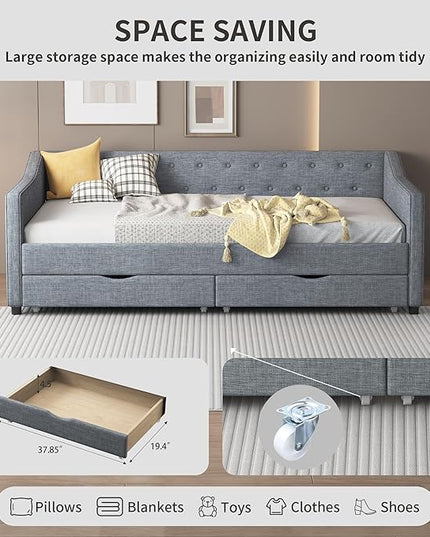 Twin Size Upholstered Daybed with Button Tufted Back and Waved Shape Arms,Elegant Wood Storage Sofa Bed w/Two Drawers,Slat Support,for Apartment,Bedroom,Light Grey - LeafyLoom