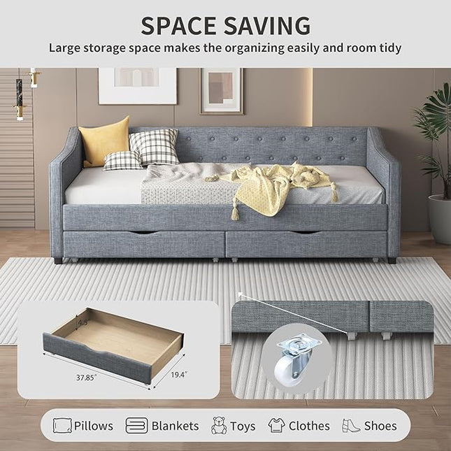 Twin Size Upholstered Daybed with Button Tufted Back and Waved Shape Arms,Elegant Wood Storage Sofa Bed w/Two Drawers,Slat Support,for Apartment,Bedroom,Light Grey - LeafyLoom