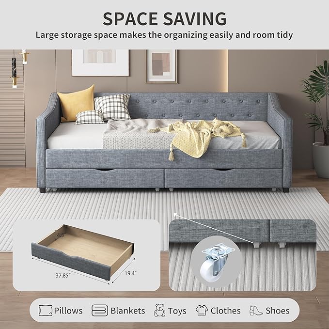 Twin Size Upholstered Daybed with Button Tufted Back and Waved Shape Arms,Elegant Wood Storage Sofa Bed w/Two Drawers,Slat Support,for Apartment,Bedroom,Light Grey - LeafyLoom