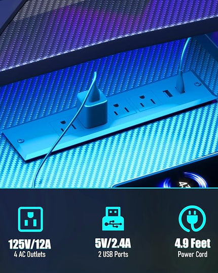 Gaming Desk with Power Outlet&Led Lights, Computer Desk with Monitor Stand and Open Shelf,Gamer Table Workstation with Cup Holder, Headphone Hook, 2 Speaker Stand for Home Office - LeafyLoom