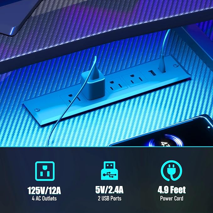 Gaming Desk with Power Outlet&Led Lights, Computer Desk with Monitor Stand and Open Shelf,Gamer Table Workstation with Cup Holder, Headphone Hook, 2 Speaker Stand for Home Office - LeafyLoom