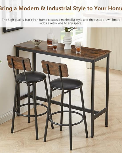 Bar Table and 2 Chairs Set, Industrial Style Bar Stools PU Upholstery Seat with Backrest, 3 Pieces Pub Dining Table Set for Kitchen, Apartment, Small Space, Brown - LeafyLoom