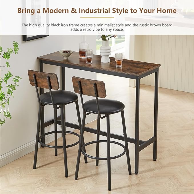 Bar Table and 2 Chairs Set, Industrial Style Bar Stools PU Upholstery Seat with Backrest, 3 Pieces Pub Dining Table Set for Kitchen, Apartment, Small Space, Brown - LeafyLoom