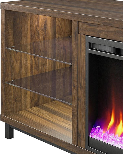 Ameriwood Home Lumina Fireplace TV Stand for TVs up to 70 Inch, Replaceable Electric Fireplace Insert Heater, Remote Control, Timer, Color Changing LED Lights, Crystal Ember Flames, Walnut - LeafyLoom
