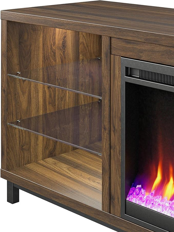 Ameriwood Home Lumina Fireplace TV Stand for TVs up to 70 Inch, Replaceable Electric Fireplace Insert Heater, Remote Control, Timer, Color Changing LED Lights, Crystal Ember Flames, Walnut - LeafyLoom