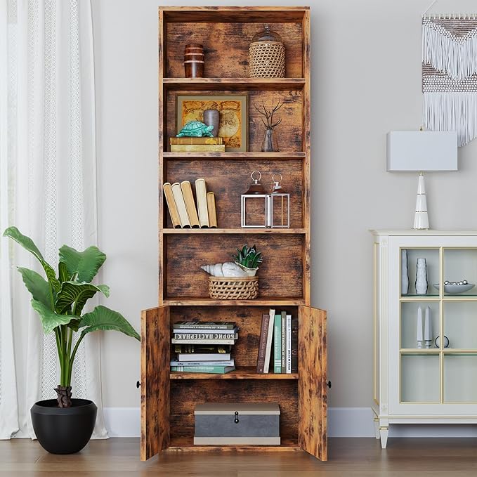oneinmil 6 Tier Bookcase, Wooden Bookshelves with Cabinet Doors, Floor Bookshelf and Office Storage Cabinets for Home Office, Living Room,Brown - LeafyLoom