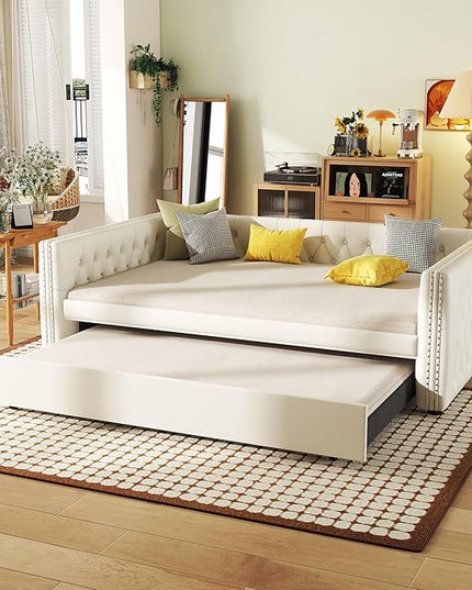 Full Size Daybed, Upholstered Tufted Sofa Bed with Trundle, Daybed with Button & Copper Nail on Square Arms, Full Daybed with Twin Trundle, White - LeafyLoom