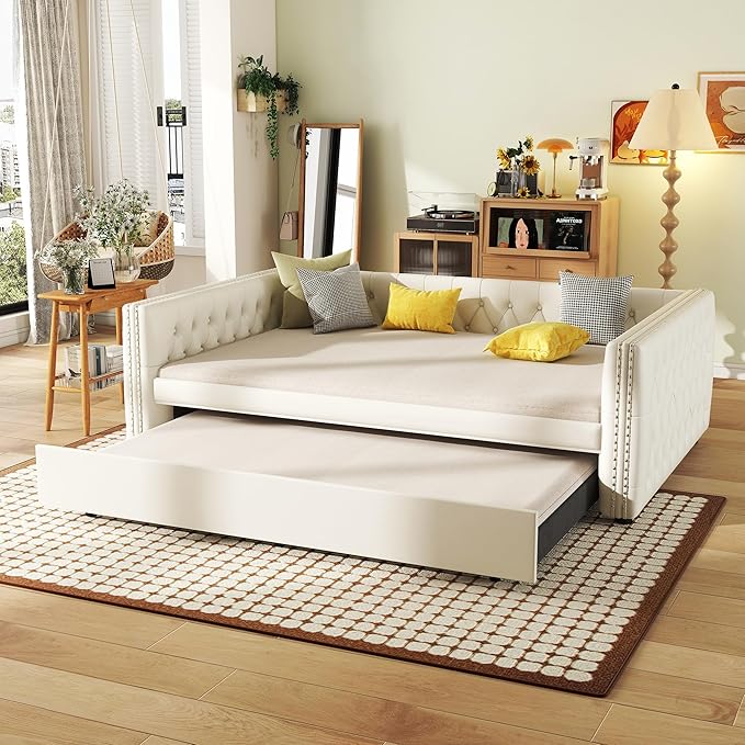 Full Size Daybed, Upholstered Tufted Sofa Bed with Trundle, Daybed with Button & Copper Nail on Square Arms, Full Daybed with Twin Trundle, White - LeafyLoom